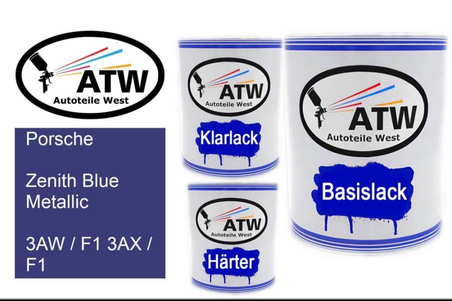 Porsche, Zenith Blue Metallic, 3AW / F1 3AX / F1: 1L Lackdose + 1L Klarlack + 500ml Härter - Set, von ATW Autoteile West.